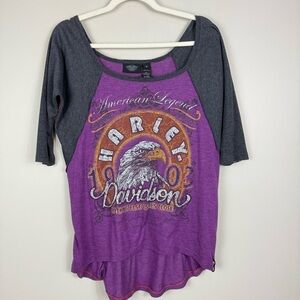 Harley Davidson Top Women Medium Cotton Purple Black Scoop Neck 3/4 Sleeve Shirt